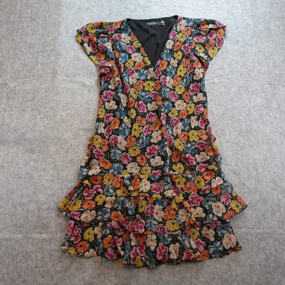 Lauren Ralph Lauren Black Floral Mini Dress with Pink, Yellow & Blue Flowers